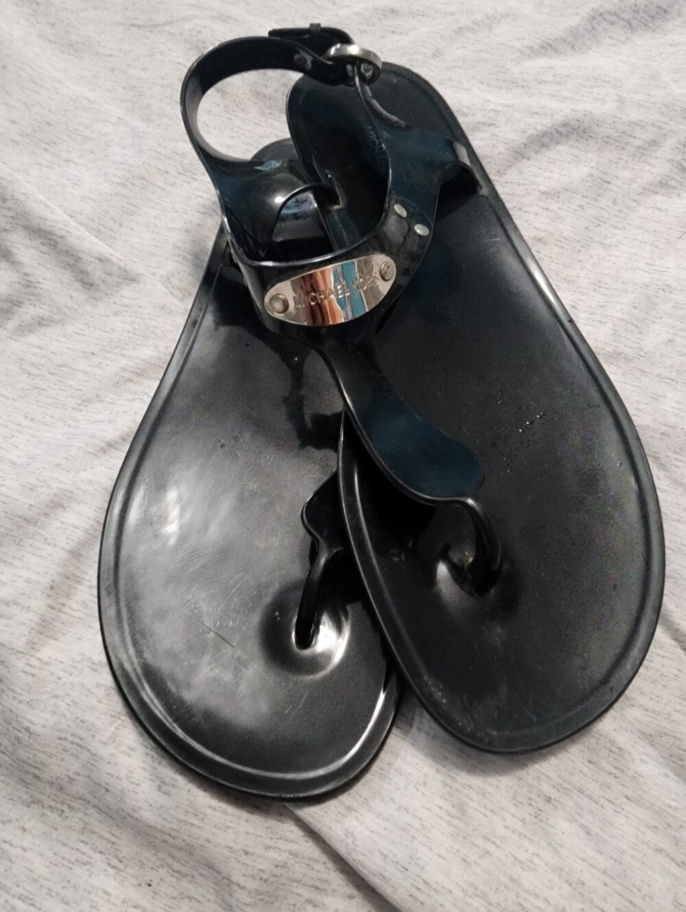 Michael Kors Black Gloss Jelly Toe-Post Sandals with Ankle Strap